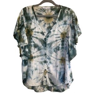 Young Fabulous & Broke Tie Dyed Flutter Sleeve Blouse Button Down 100% Rayon S